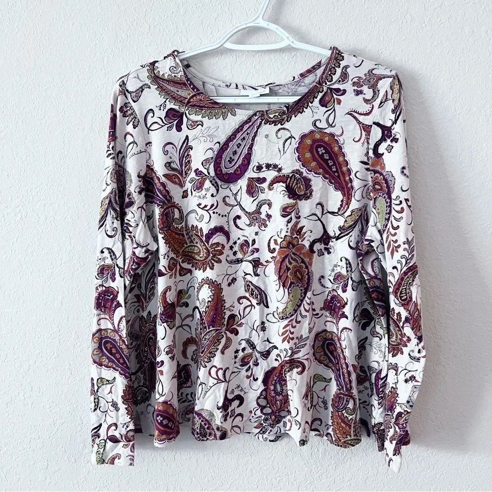 J Jill Top Womens Paisley Long Sleeve Casual Cotton Blend Size L Petite